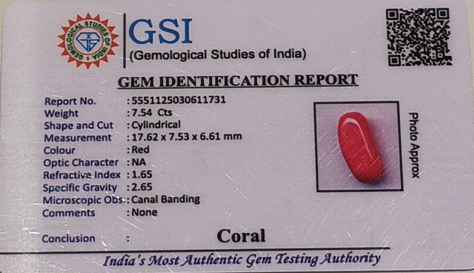 Natural Red Coral (Moonga) 7.54 Carat – GSI Certified Gemstone