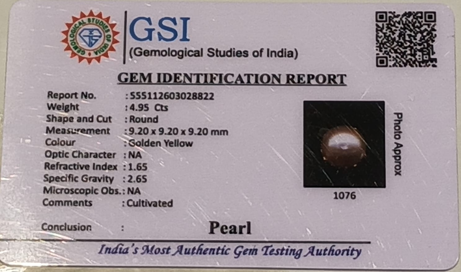 Golden Pearl (Moti) 4.95 Carat – GSI Certified Gemstone