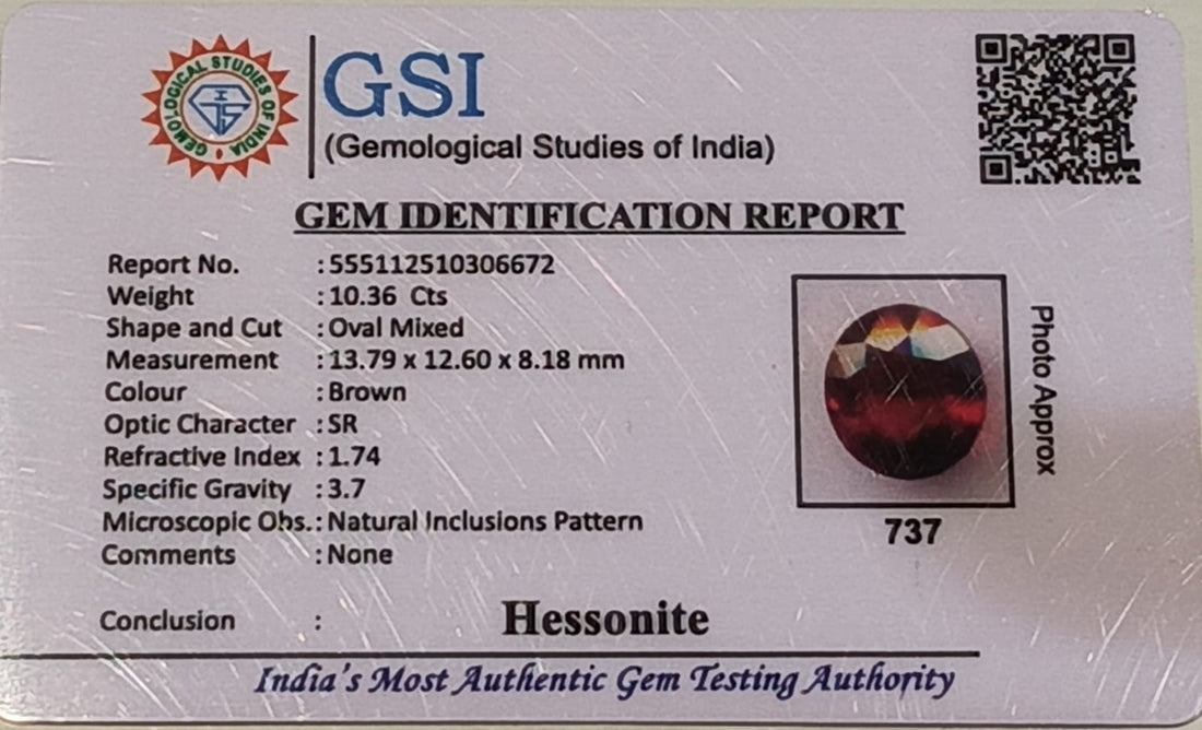 Natural Hessonite Garnet (Gomed) 10.36 Carat – GSI Certified Gemstone
