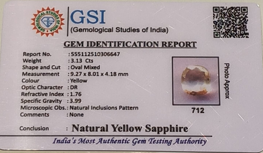 Natural Yellow Sapphire (Pukhraj) 3.13 Carat – GSI Certified